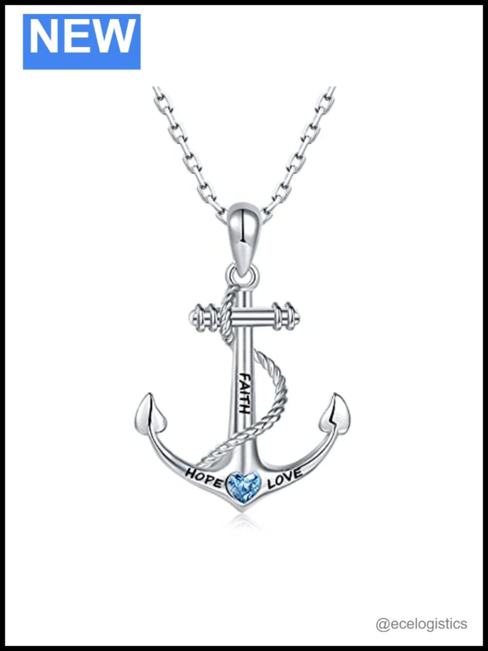 Sterling Silver Anchor Necklace White Gold Plated Faith Hope Love Pendant